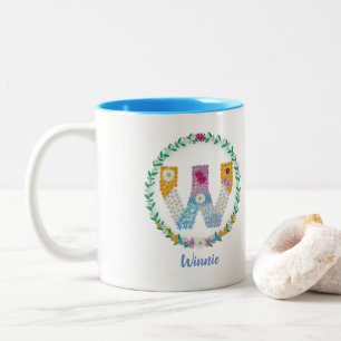 Flower Letters Initial "W" with Personalised name Two-Tone Coffee Mug