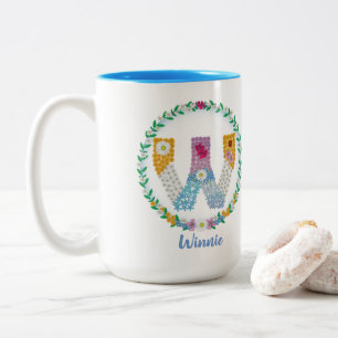 Flower Letters Initial "W" with Personalised name  Two-Tone Coffee Mug