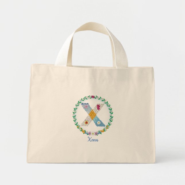 Flower Letters Initial "X" with Personalised name Mini Tote Bag (Front)