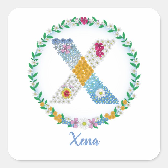 Flower Letters Initial "X" with Personalised name Square Sticker (Front)