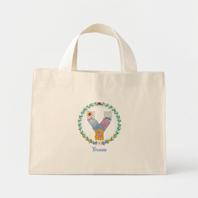 Flower Letters Initial "Y" with Personalised name Mini Tote Bag (Front)