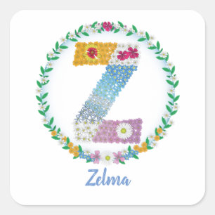 Flower Letters Initial "Z" with Personalised name Square Sticker