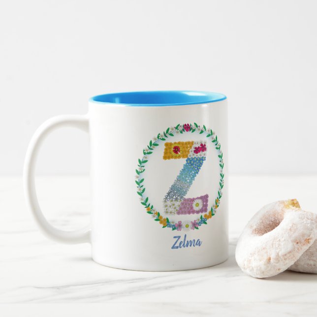 Flower Letters Initial "Z" with Personalised name Two-Tone Coffee Mug (With Donut)