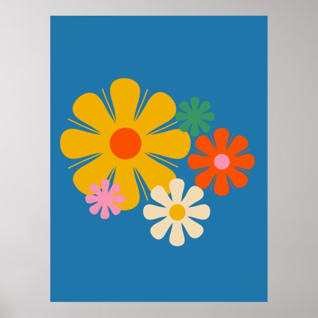 Flower Locus Reto 60s 70s Floral on Blue Poster (Front)