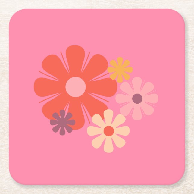 Flower Locus Retro Minimalist Floral Pattern Pink Square Paper Coaster (Front)