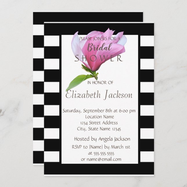Flower,Magnolia Black White Stripes Bridal Shower Invitation (Front/Back)