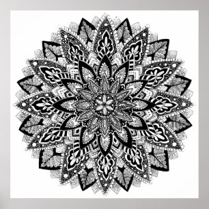 Flower Mandala black and white Poster