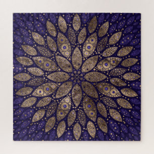Flower Mandala - Dot Art - Purple and Gold Jigsaw Puzzle