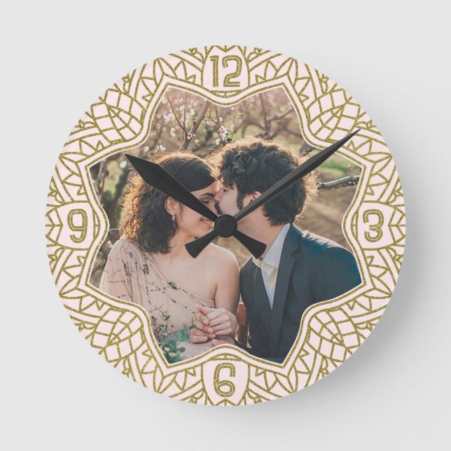 Flower Mandala Floral Shaped Photo Blush Pink Gold Round Clock (Front)