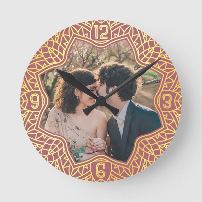 Flower Mandala Floral Shaped Photo Rose Pink Gold Round Clock (Front)