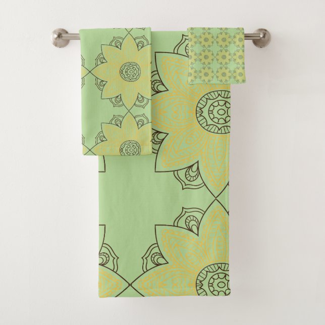 Flower Mandala Green & Yellow   Bath Towel Set (Insitu)