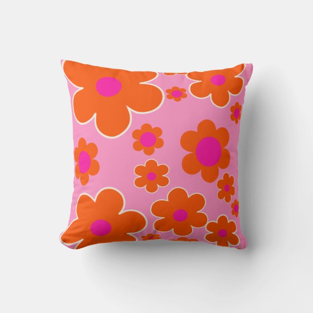 Flower Market Amsterdam Retro Flowers Pink Orange Cushion (Front)