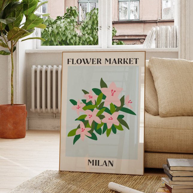 Flower Market Milan Pink Lily Flower Floral Poster (In situ Living room)