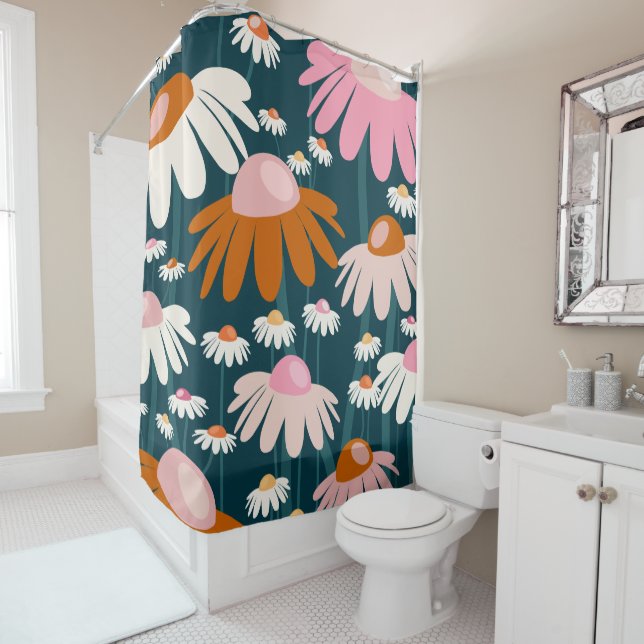 Flower Market Stockholm Navy Blue Retro Floral Shower Curtain (In Situ)