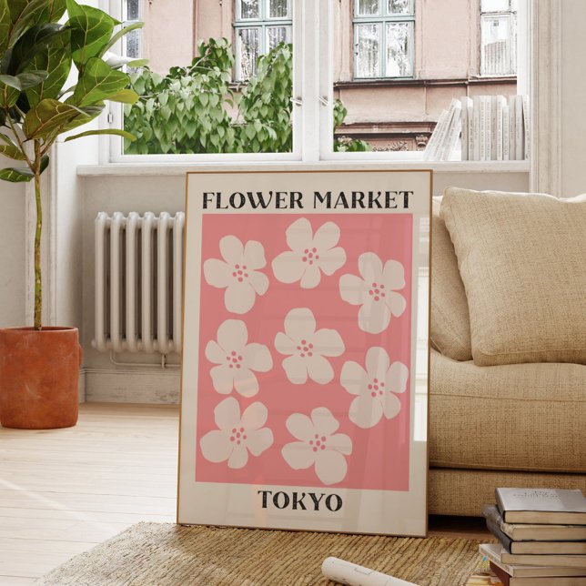 Flower Market Tokyo Pink Cherry Blossom Floral Poster (In situ Living room)