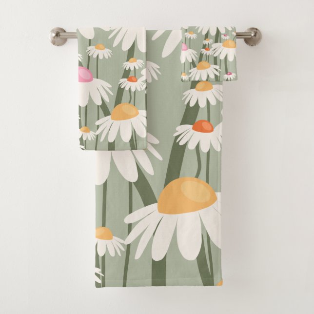 Flower Market Tokyo Retro Daisies Sage Green Bath Towel Set (Insitu)