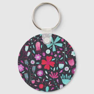 Flower Meadow Watercolor Dark Key Ring