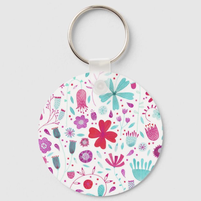 Flower Meadow Watercolor Teal Key Ring (Front)