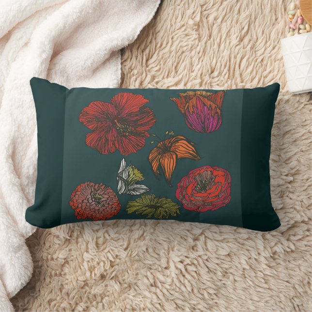 flower medley ii dark teal border and back lumbar cushion (Blanket)
