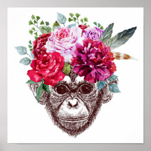 Flower Monkey Face Poster