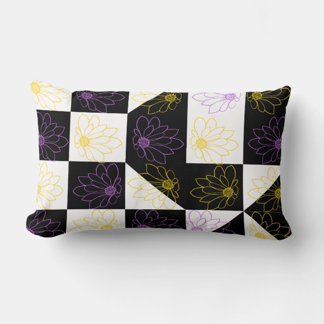 flower Monochrome Chequered pattern Lumbar Cushion (Front)