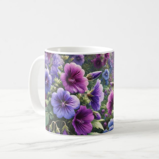 Flower mug with vibrant purple and violet flowers (Front Left)