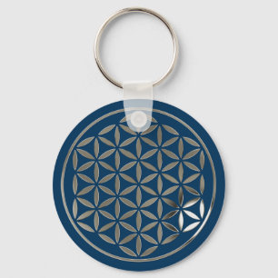 Flower Of Life 1 - Silver stamp   dark blue Key Ring