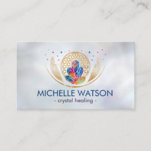 Flower of life and crystals on pearl business card