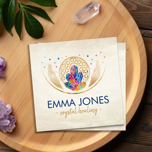 Flower of life and Healing Crystals Square Business Card (Creator Uploaded)