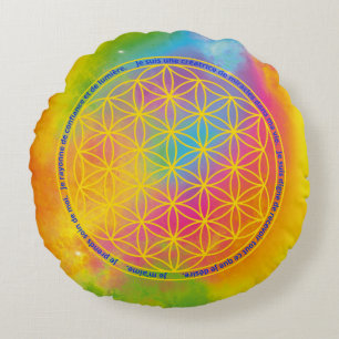Flower of Life Arc-en-Ciel Positive Affirmations Round Cushion