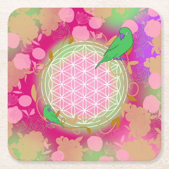 flower of life bird square paper coaster (Front)