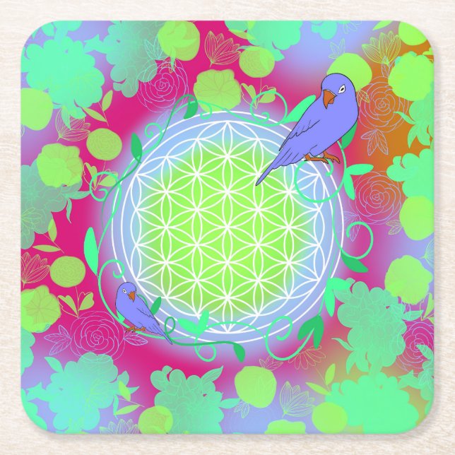 flower of life bird square paper coaster (Front)