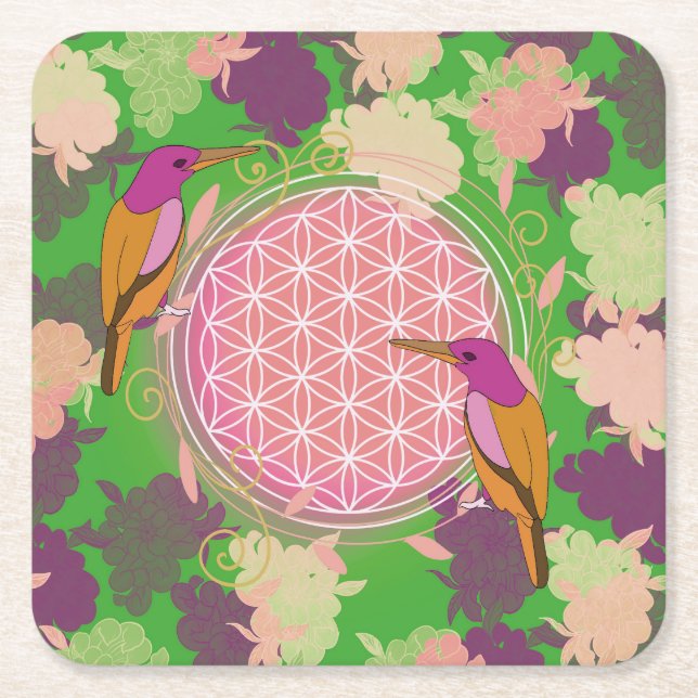 flower of life bird square paper coaster (Front)