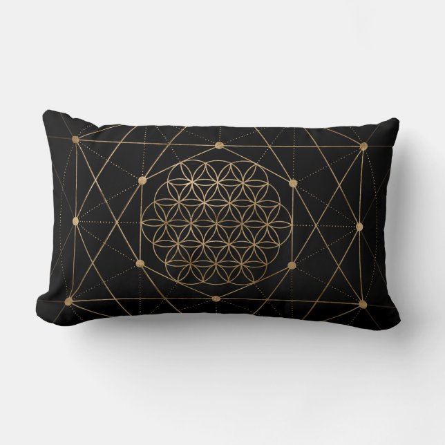 Flower of Life Black and Gold Lumbar Cushion (Front)