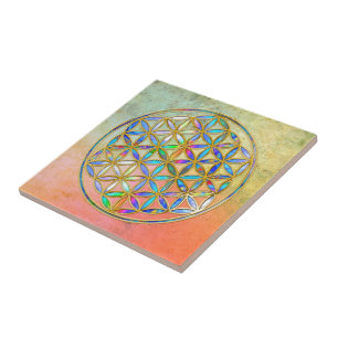Flower of Life / Blume des Lebens - gold colourful Ceramic Tile
