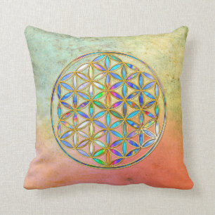 Flower of Life / Blume des Lebens - gold colourful Cushion