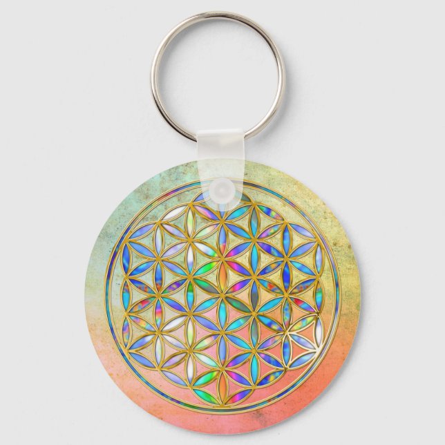 Flower of Life / Blume des Lebens - gold colourful Key Ring (Front)
