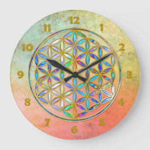 Flower of Life / Blume des Lebens - gold colourful Large Clock