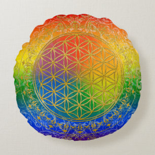 Flower Of Life / Blume des Lebens - GOLD rainbow Round Cushion