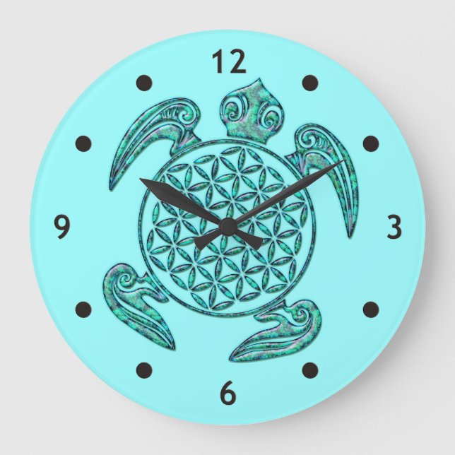 Flower of Life / Blume des Lebens turtle turquoise Large Clock (Front)