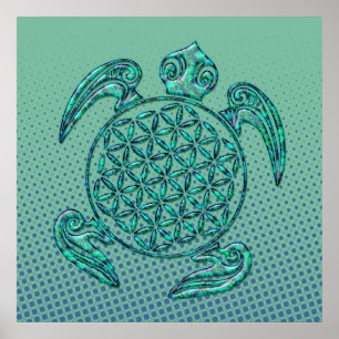 Flower of Life / Blume des Lebens turtle turquoise Poster