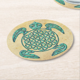 Flower of Life / Blume des Lebens turtle turquoise Round Paper Coaster