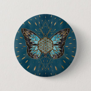 Flower of Life Butterfly - Blue Gemstone and gold 6 Cm Round Badge