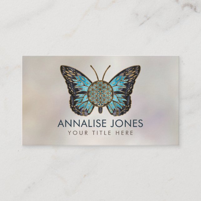 Flower of Life Butterfly - Blue Gemstone and gold Business Card (Front)