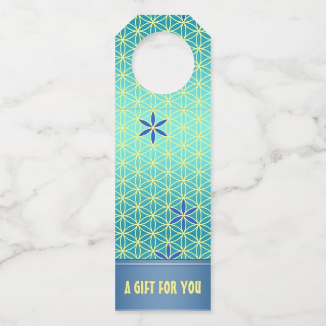 FLOWER OF LIFE - cyan yellow pattern Bottle Tag (Front)