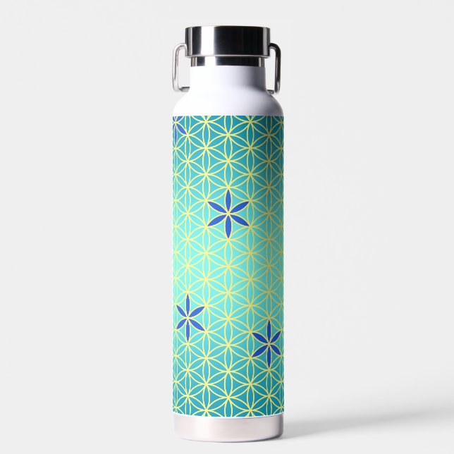 FLOWER OF LIFE - cyan yellow pattern Water Bottle (Front)