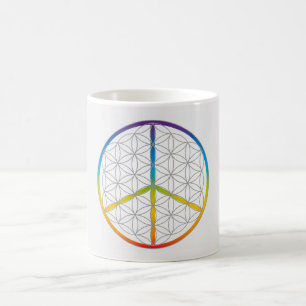 Flower of Life Design Peace + Love Symbol Rainbow Coffee Mug