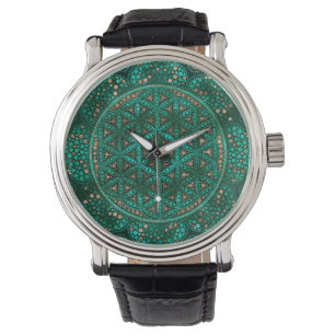 Flower of Life Dot Art malachite gold Watch