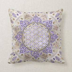 Flower of Life Dot Art Pastels, purples and gold Cushion