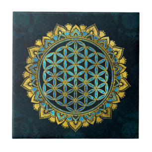 Flower of life gold an blue texture glass tile